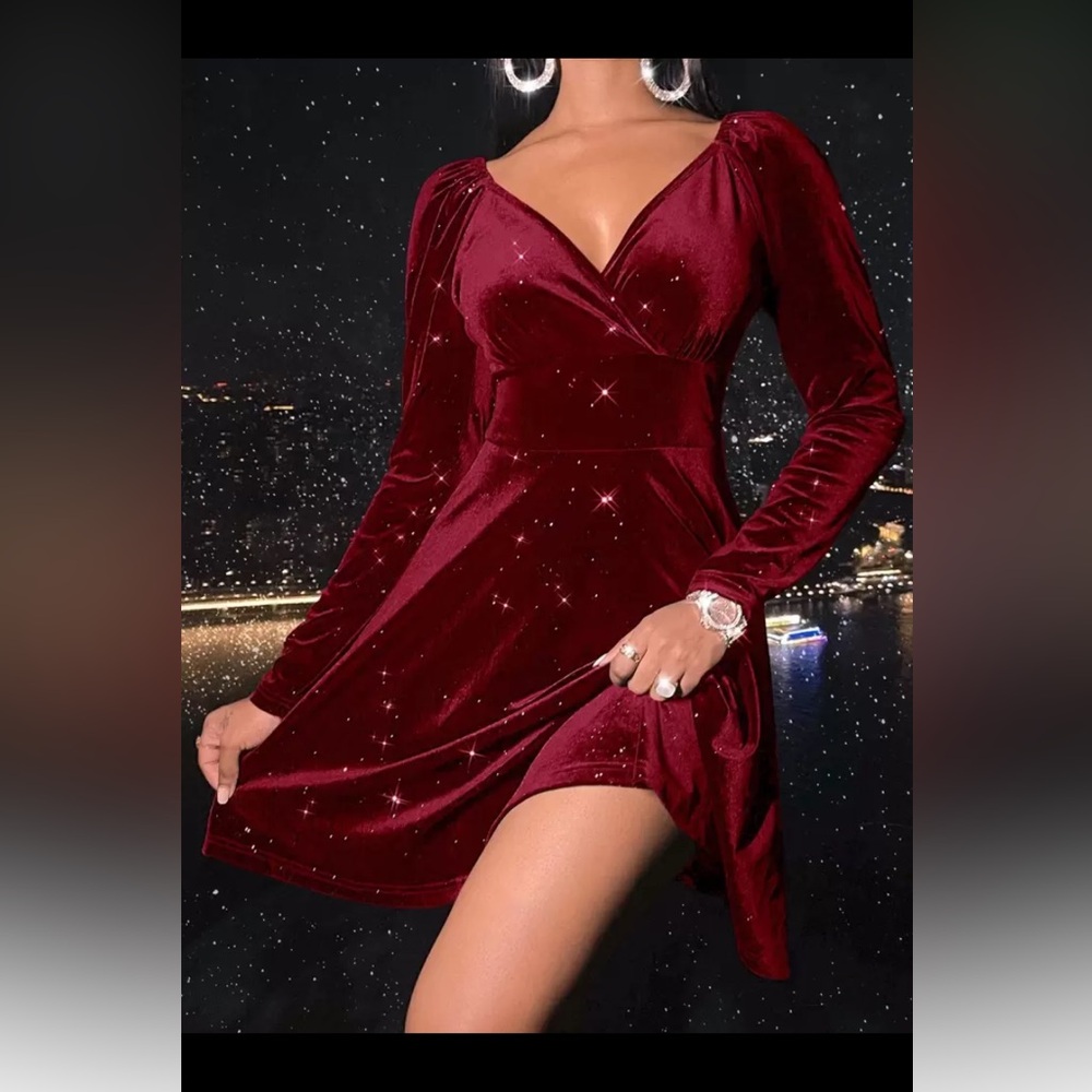 Elegant Velvet Burgundy Dress brand new women Xs SHEIN red glitter